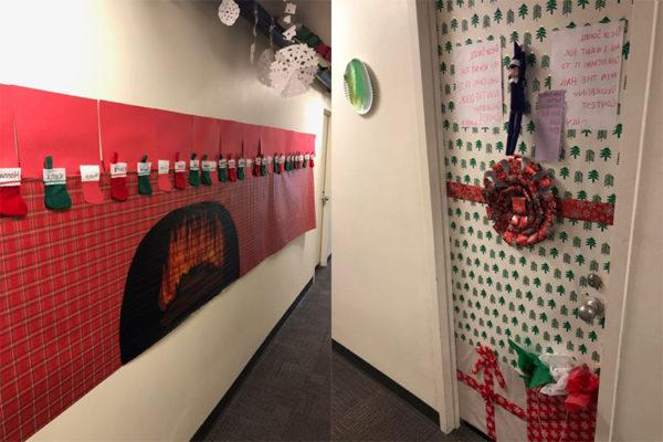 学生们把一扇门装饰得像一个包装好的礼物，在另一个大厅里用建筑用纸做了一个人造壁炉. 